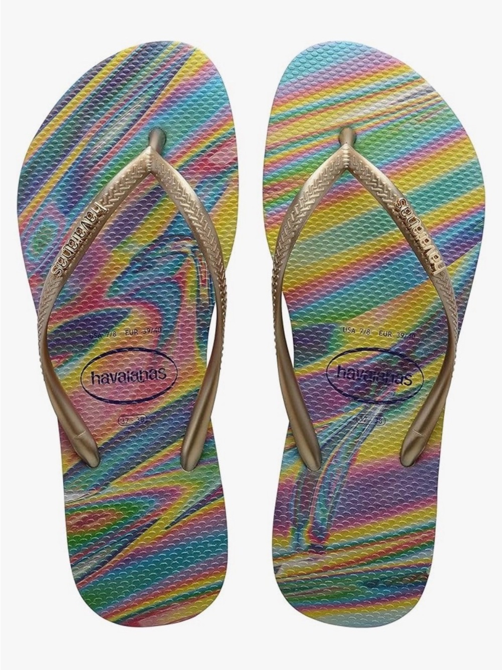 Havaianas Woman’s Multicolor Iridescent Swirl Flip Flops W/Gold Straps Size 9/10